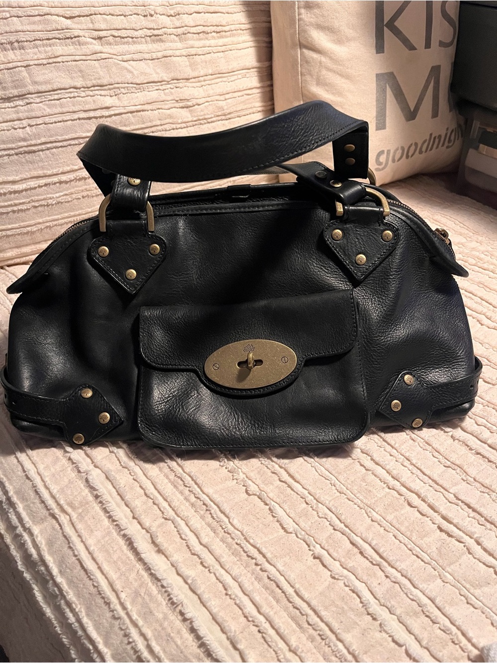 Mulberry Black Leather Shoulder Bag with Brass Hardware